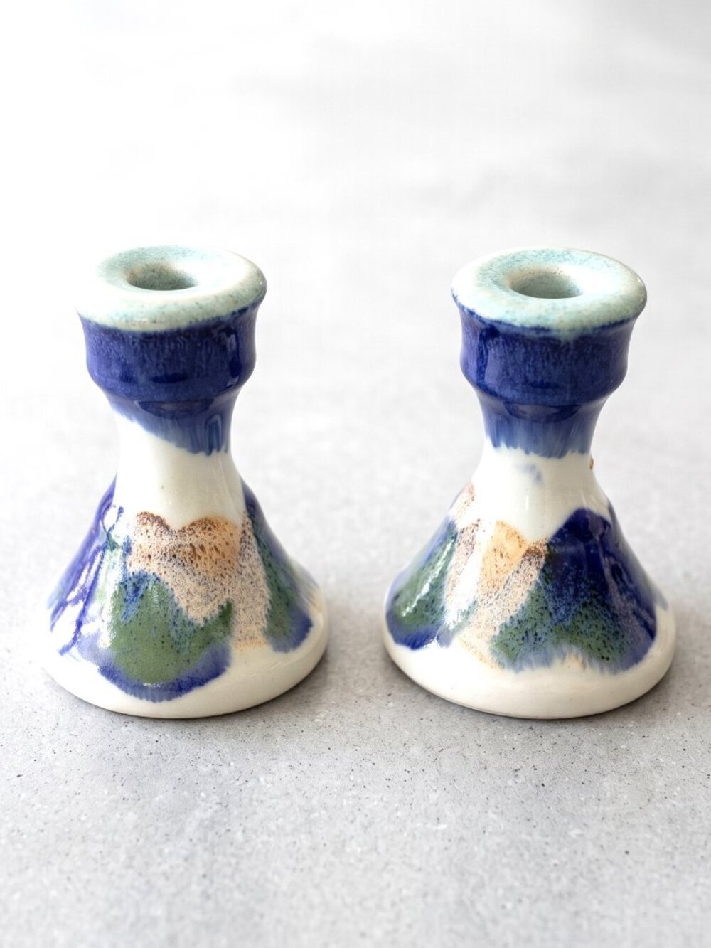 VTG Studio Pottery Candlestick Holders Pair Blue Green Drip Glaze Handmade